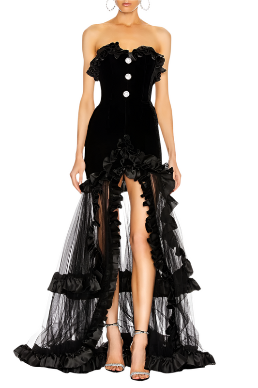 Yalie Ruffle Strapless Mesh Maxi Dress