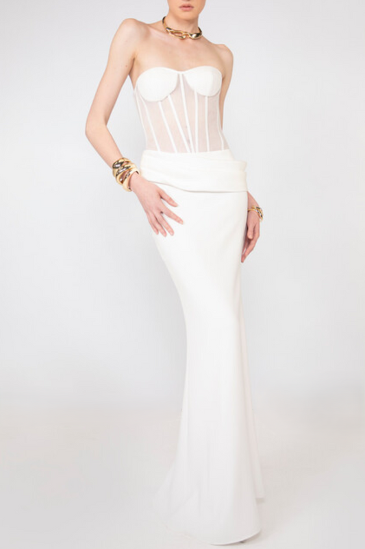 priscilla Strapless Veiled Corset Maxi Dress in white Avalabel