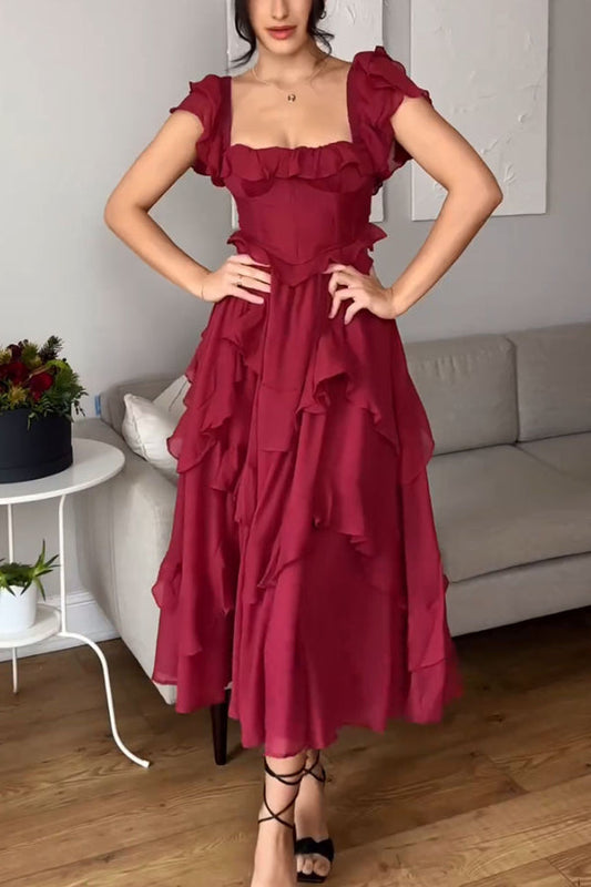 Square Neck Ruffle Sleeves Backless Dress Avalabel