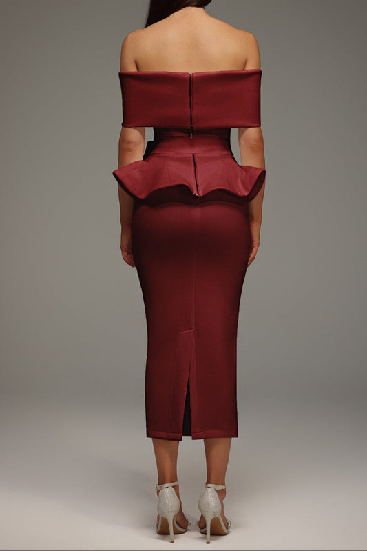 Eleanore Off The Shoulder Ruffled Edge Red Midi Dress