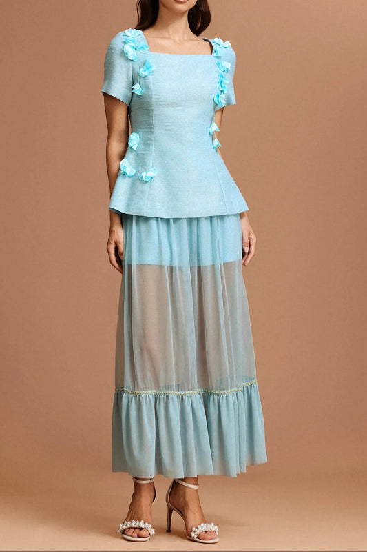 ursula blue Short Sleeves Flowers Folds Top And Skirt Two-Piece Set Avalabel