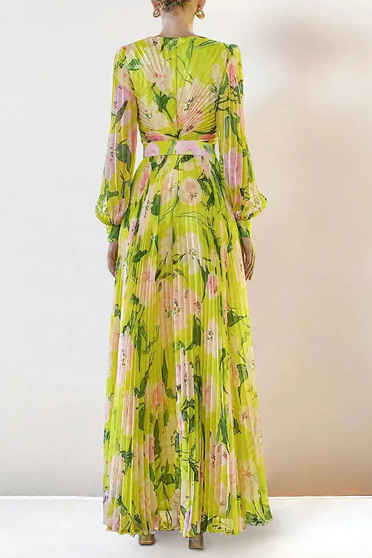 V-Neck Silk Printed Pleated Maxi Dress in Yellow Avalabel