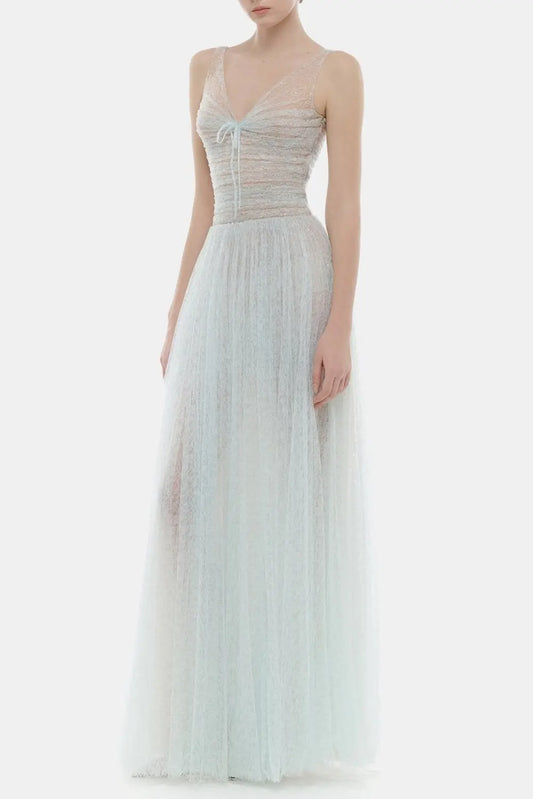 monica blue draped tulle fishbone maxi dress Avalabel