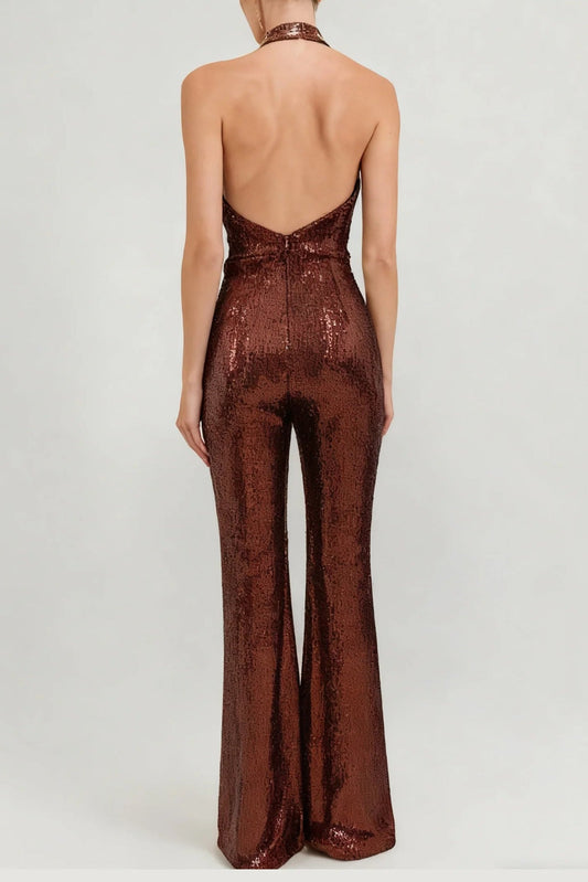 nora brown Sequin halterneck deep V high waist flared jumpsuit Avalabel