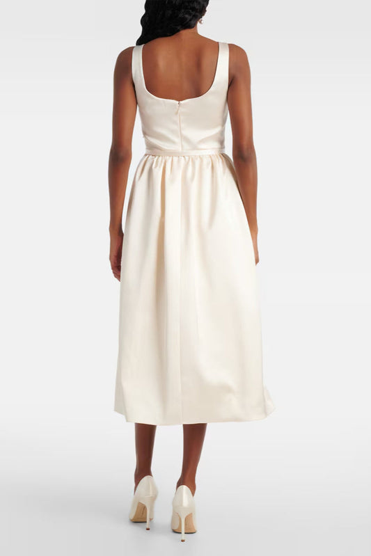 Polly Floral-Appliqué Satin Midi Dress in Ivory