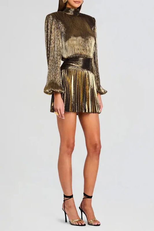 nancy High-necked lantern sleeve pleated mini dress in gold Avalabel