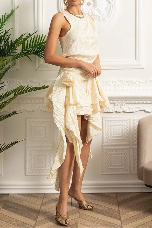 joy Draped Asymmetric Silk Dress with Layers - Ivoire Avalabel