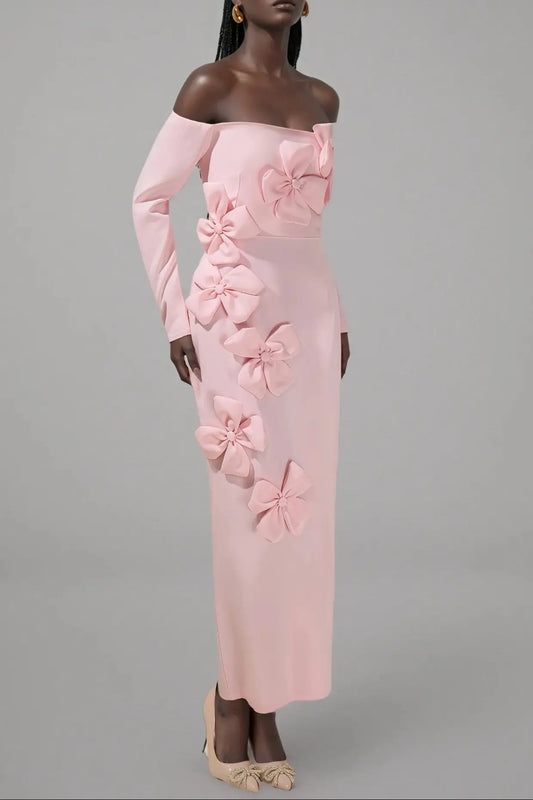 hilary Pink 3D Flower long sleeve strapless Midi Dress Avalabel