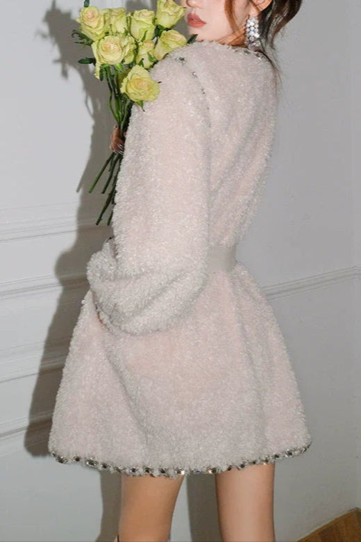 Beige V-Neck Long Sleeve Diamond Stud Coat Avalabel