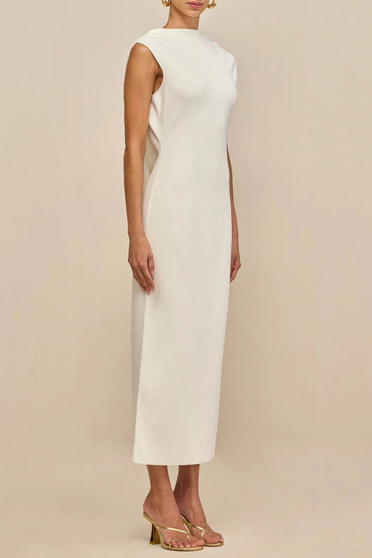 white sleeveless backless knit midi dress with two pleated golden embellishments Avalabel