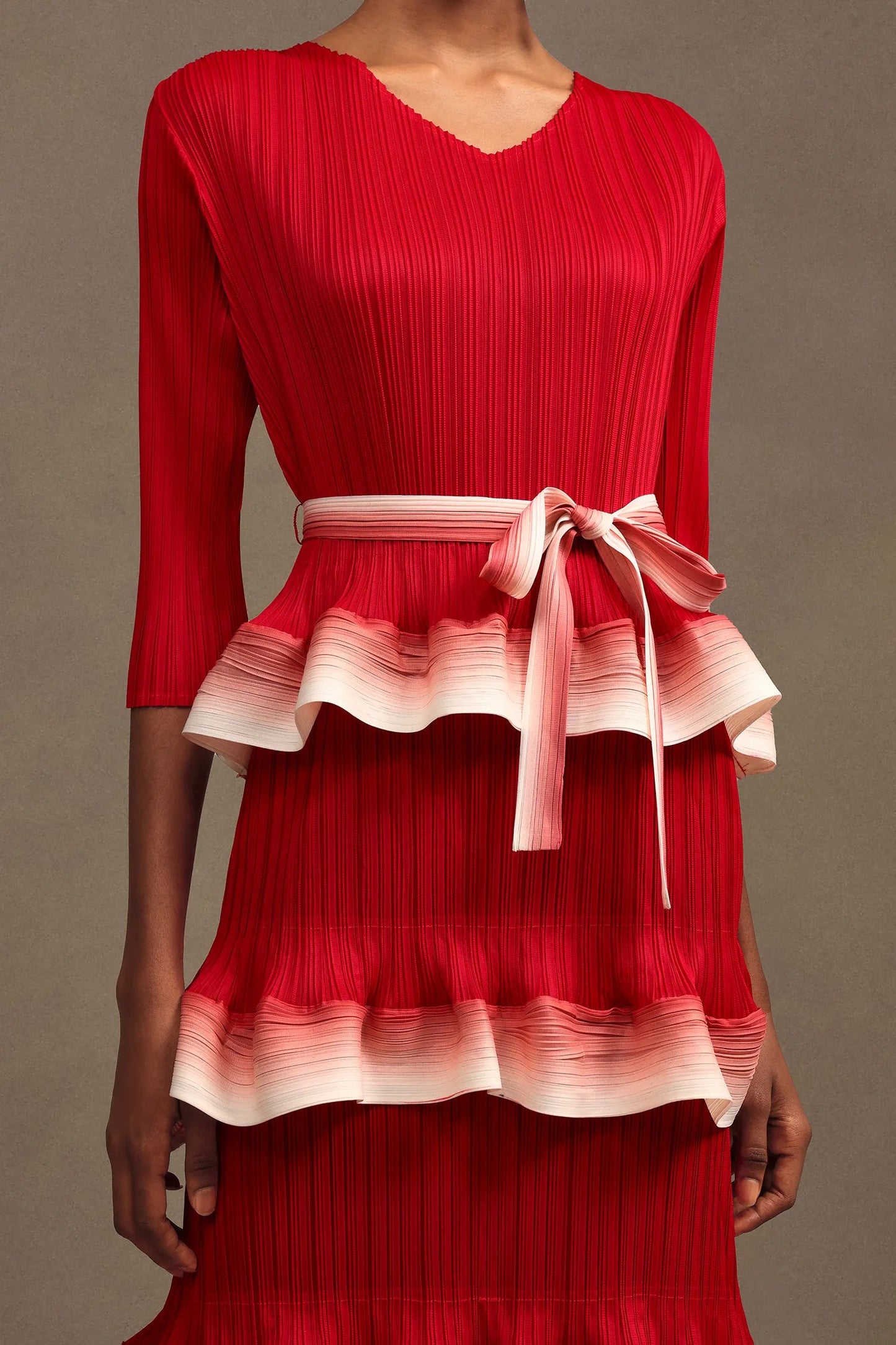 victoria Pleated Round Neck Long Sleeve Falbala Woven Maxi Dress in red