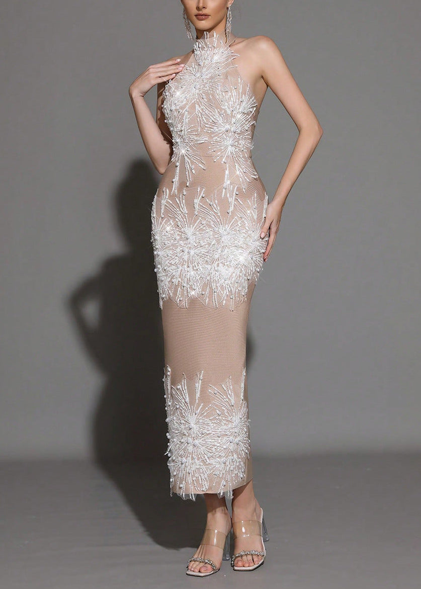 Pandora Sleeveless Beaded Tassel Sequin Bandage Maxi Dress - Khaki