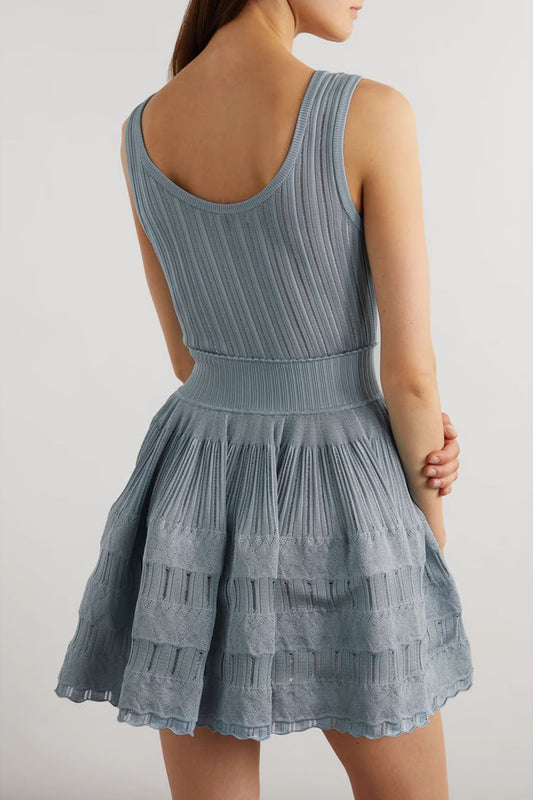 Ribbed Pointelle Knit Mini Dress in Blue Avalabel
