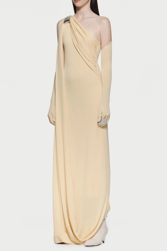 xaviera one-shoulder pleated backless maxi dress in yellow