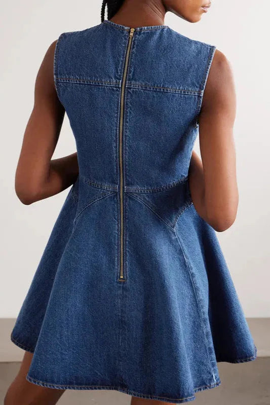 Sleeveless Flower Button Denim Mini Dress in Blue Avalabel
