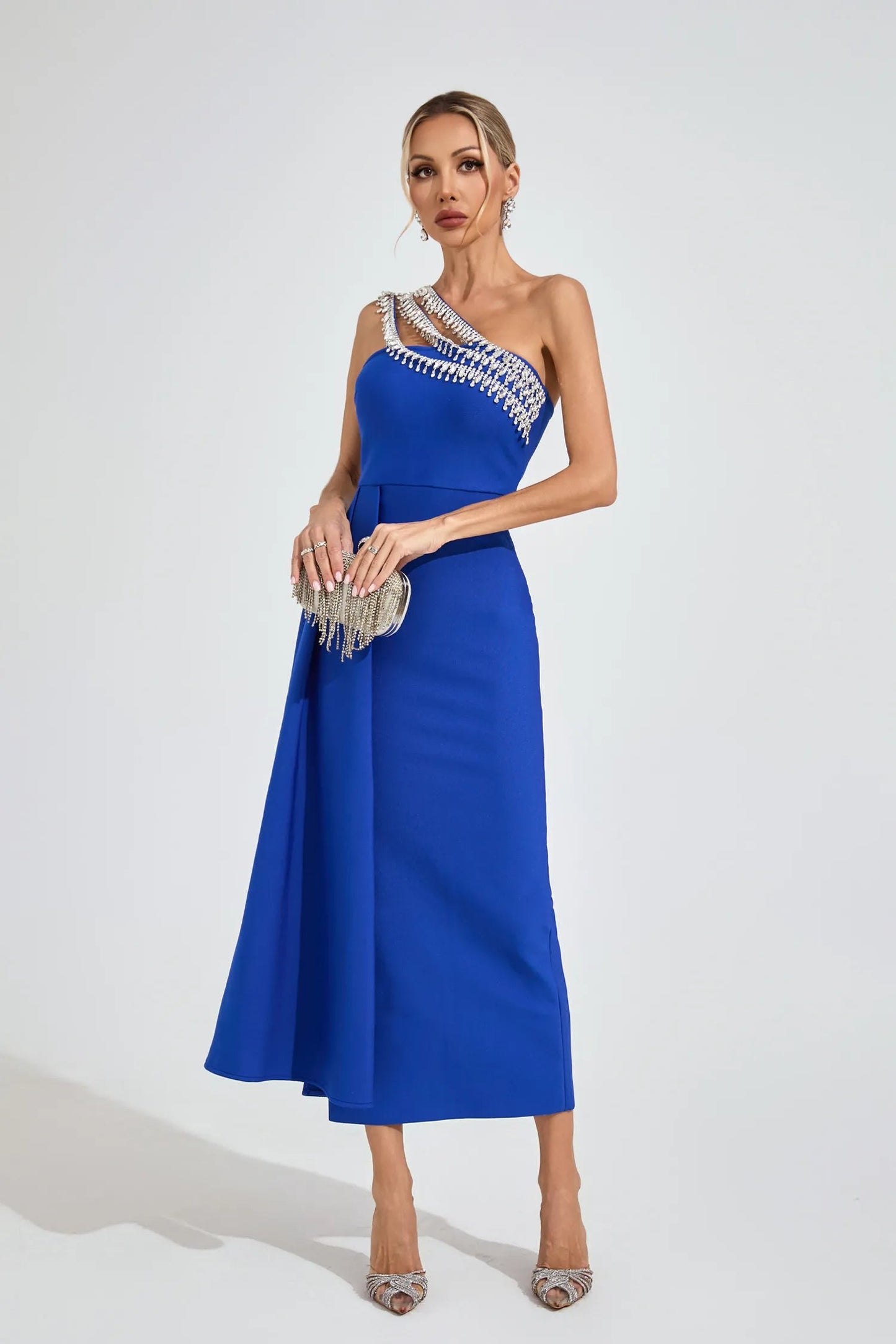 Philipppa Diamond Embellished Strapless Maxi Dress in Blue