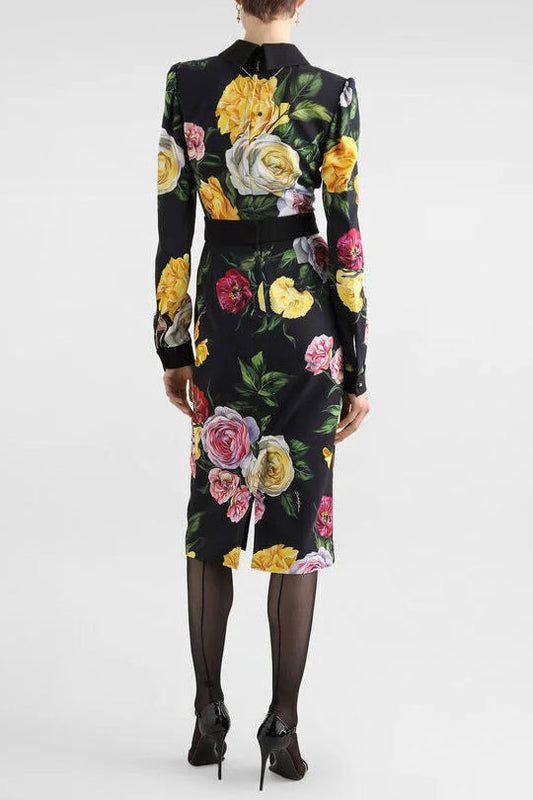 bernice rose print shirt midi dress in black