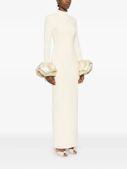 rachel white ruffled crystal-embellished crepe mock-neck gown Avalabel
