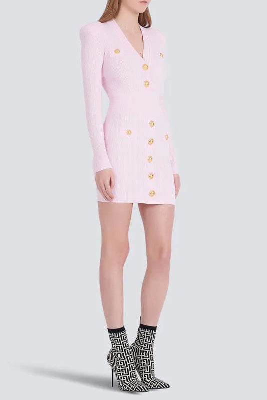 vicky v-neck button-detail ribbed mini dress in pink Avalabel