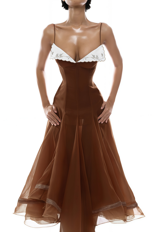Xaviera Rust Asymmetrical Midi Dress in Brown