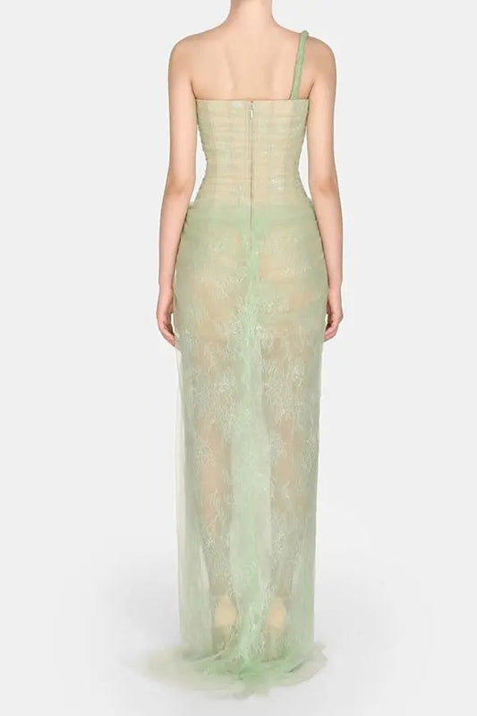 Mandy One-Shoulder Lace Tulle Maxi Dress in Mint Avalabel