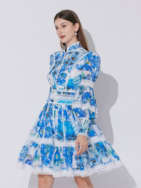sabrina Lace-paneled printed lantern sleeves mini dress in blue