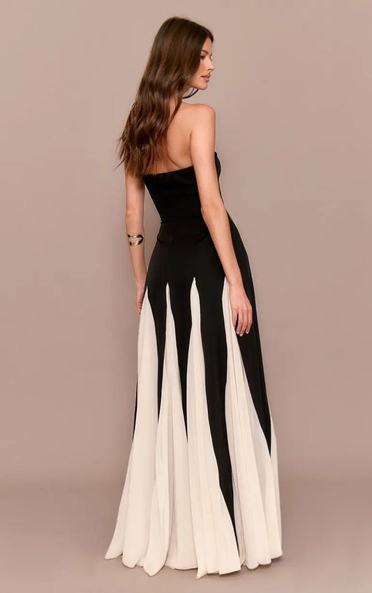 Black Bandeau Contrast Chiffon Pleated Maxi Dress Avalabel