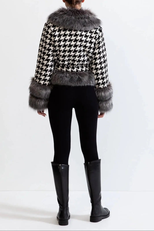 natividad Houndstooth Wool Belted Coat with Fur Avalabel
