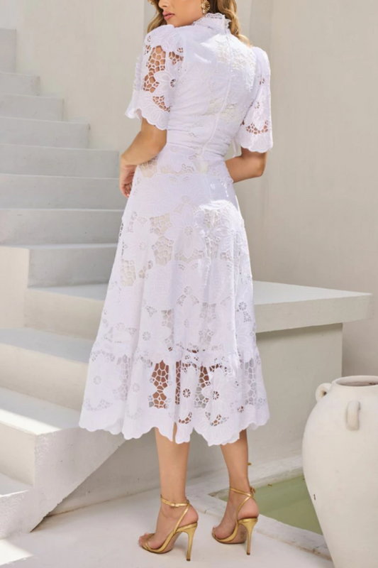 Jessica Lace Hollow Layered Midi Dress in White Avalabel