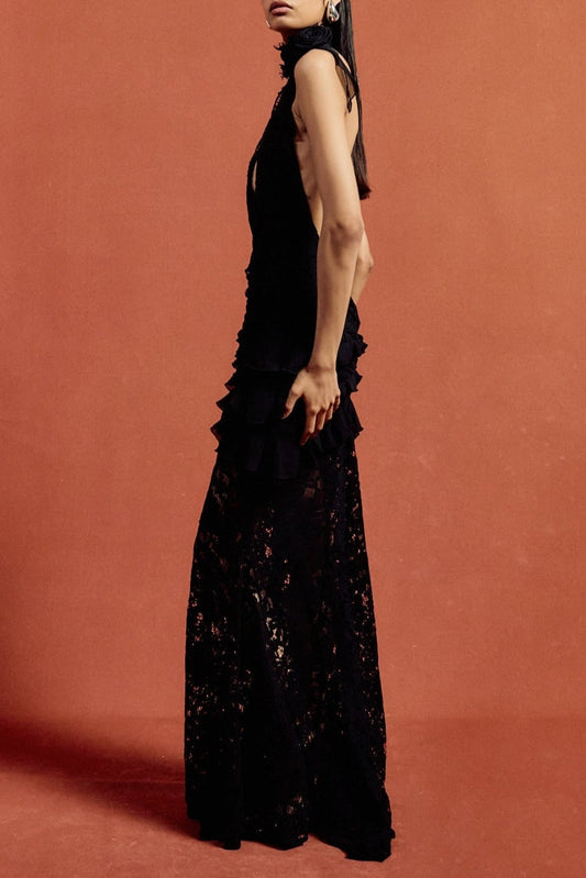 Hulda Cotton Lace Hollow Maxi Dress in Black