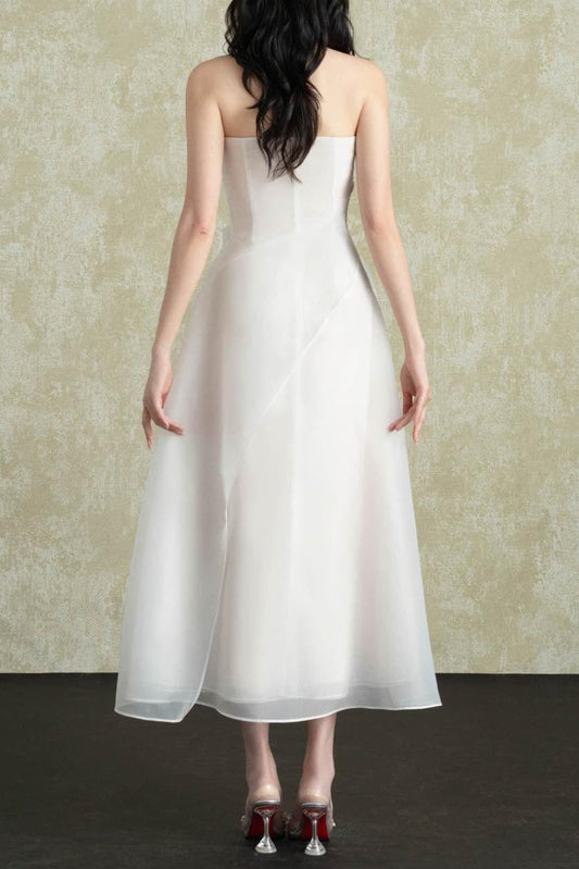 Strapless Layered Organza Midi Dress in White