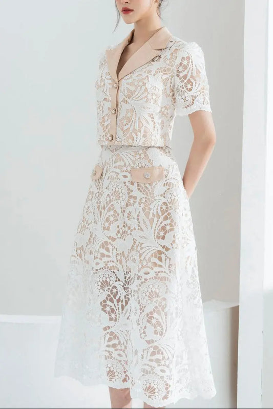 Leona Cropped Peak Lapel Lace Top Skirt Set in White Avalabel