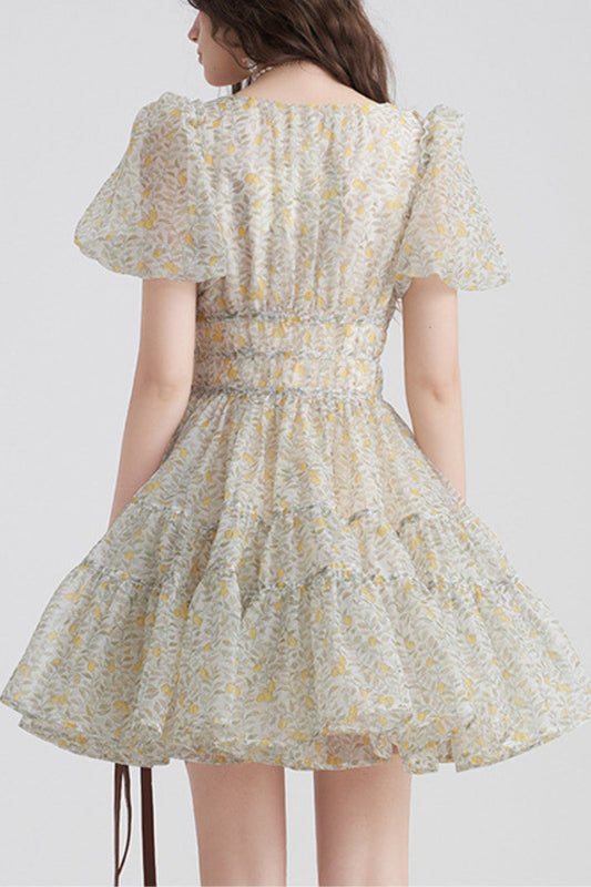 Printed V-neck tutu mini dress in Daisy Yellow Avalabel