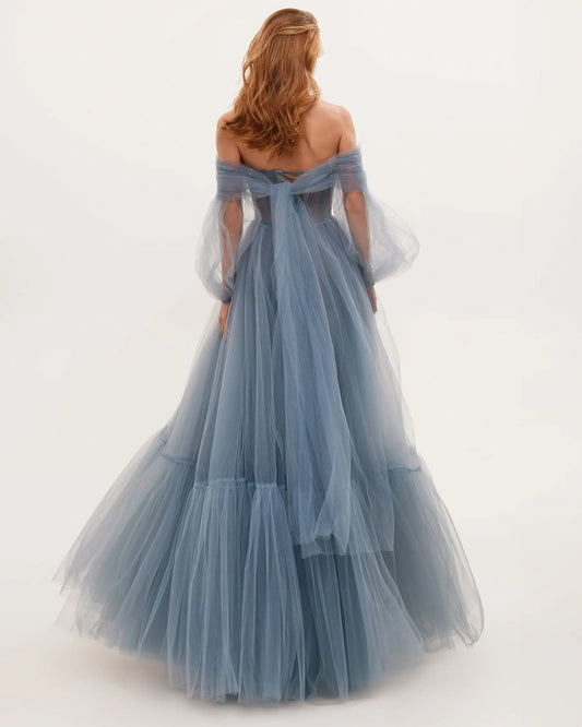 Ocean Wave Sheer Sleeves Maxi Tulle Dress Avalabel