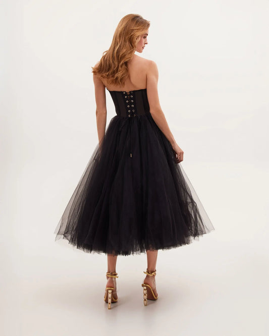 Black Strapless Puffy Midi Tulle Dress Avalabel