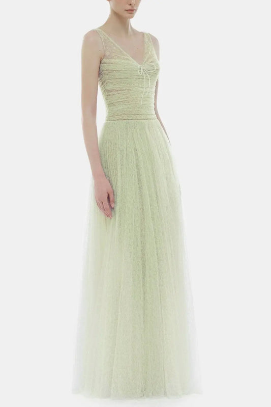 monica mint draped tulle fishbone maxi dress Avalabel