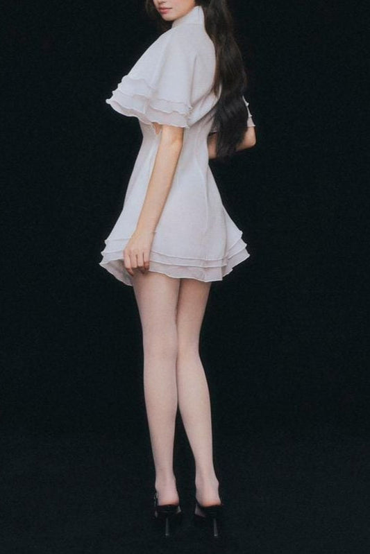 Layer Trim Chiffon Shirt Mini Dress in White Avalabel