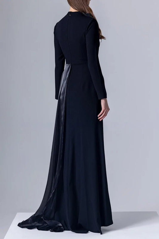 crystal flower Long-sleeve lace pleated maxi dress in blue Avalabel