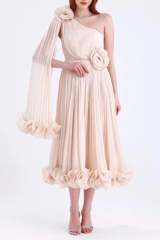 simona one shoulder 3d flower ruffle hem maxi dress in apricot Avalabel