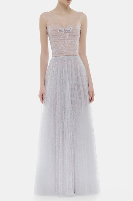 monica violet draped tulle fishbone maxi dress Avalabel