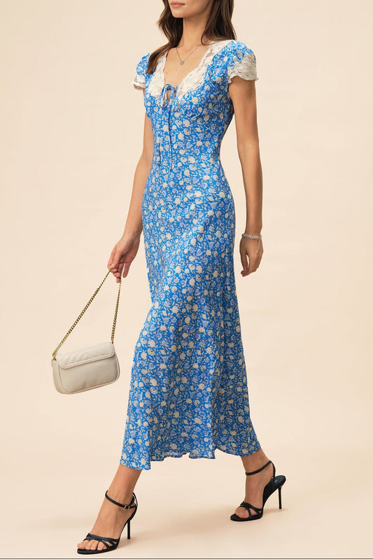 Lyuba Floral Printed Lace-Trimmed V-Neck Maxi Dress in Blue