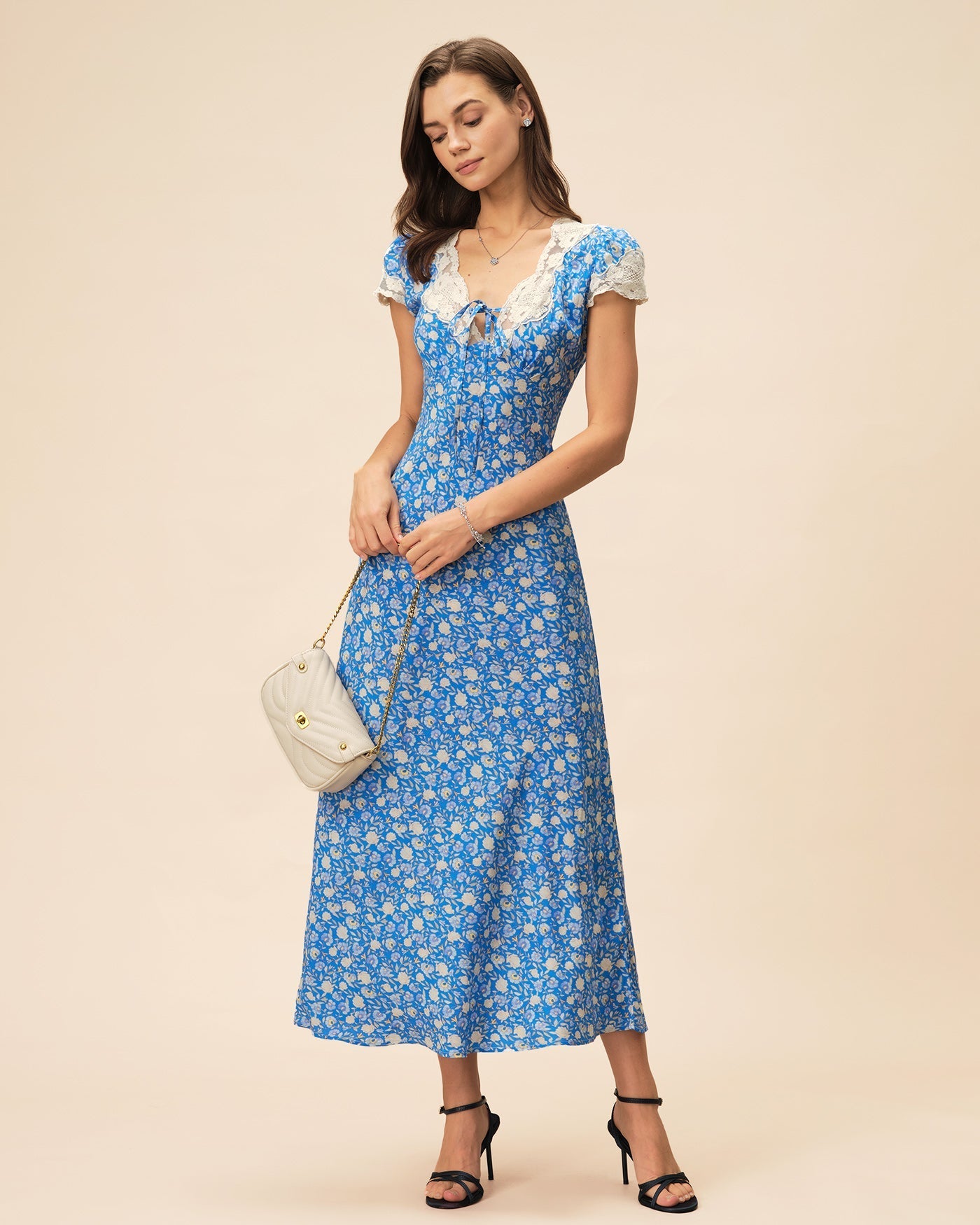 Lyuba Floral Printed Lace-Trimmed V-Neck Maxi Dress in Blue