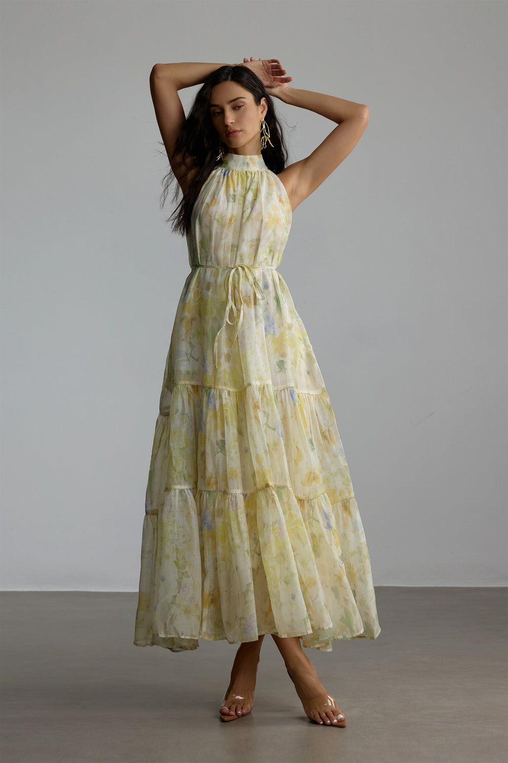 Caroline Floral Print Sleeveless Maxi Dress in Yellow Avalabel
