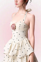Roberta Polka Dots Applique Halter Layer Midi Dress - Apricot Avalabel