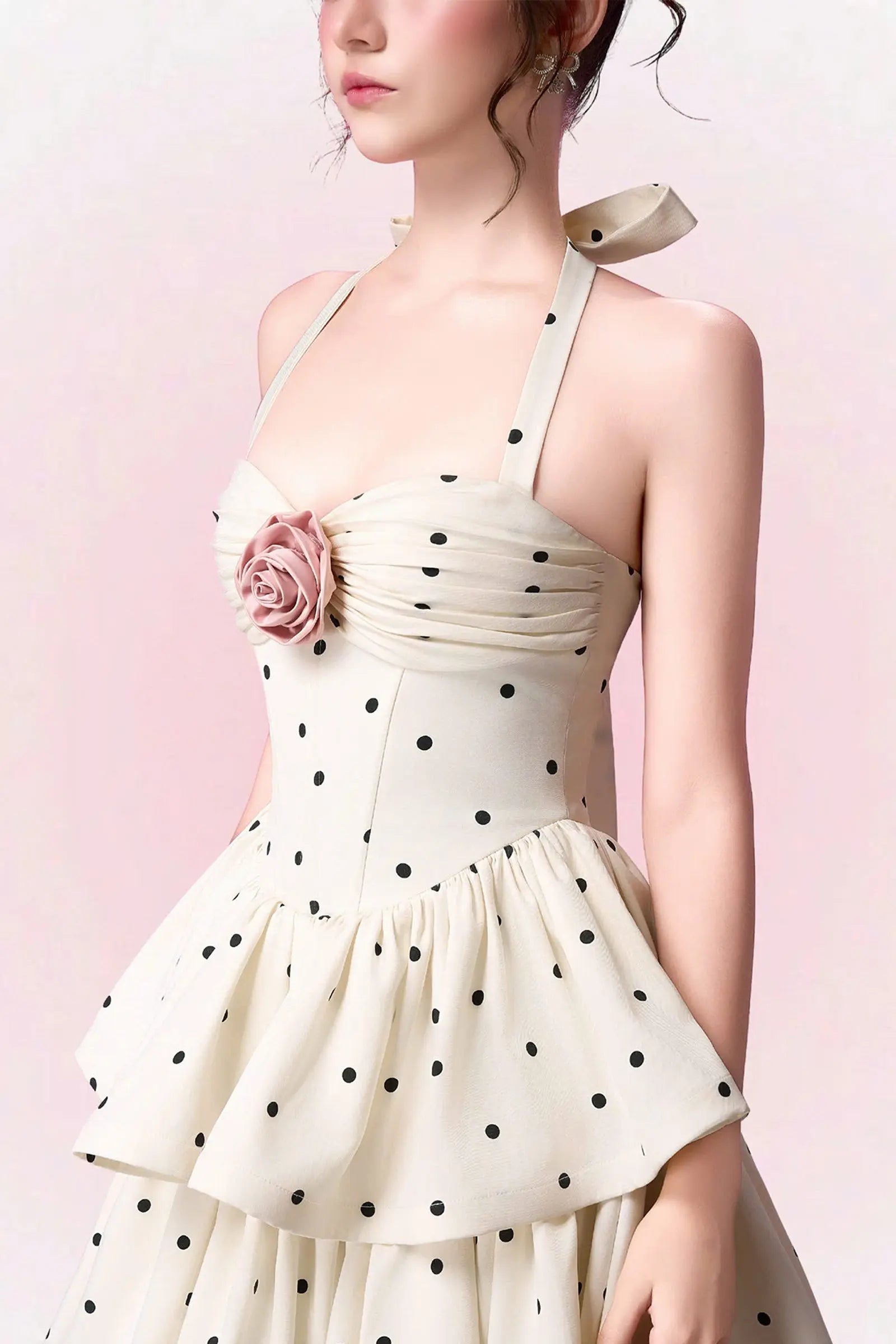 Roberta Polka Dots Applique Halter Layer Midi Dress - Apricot Avalabel