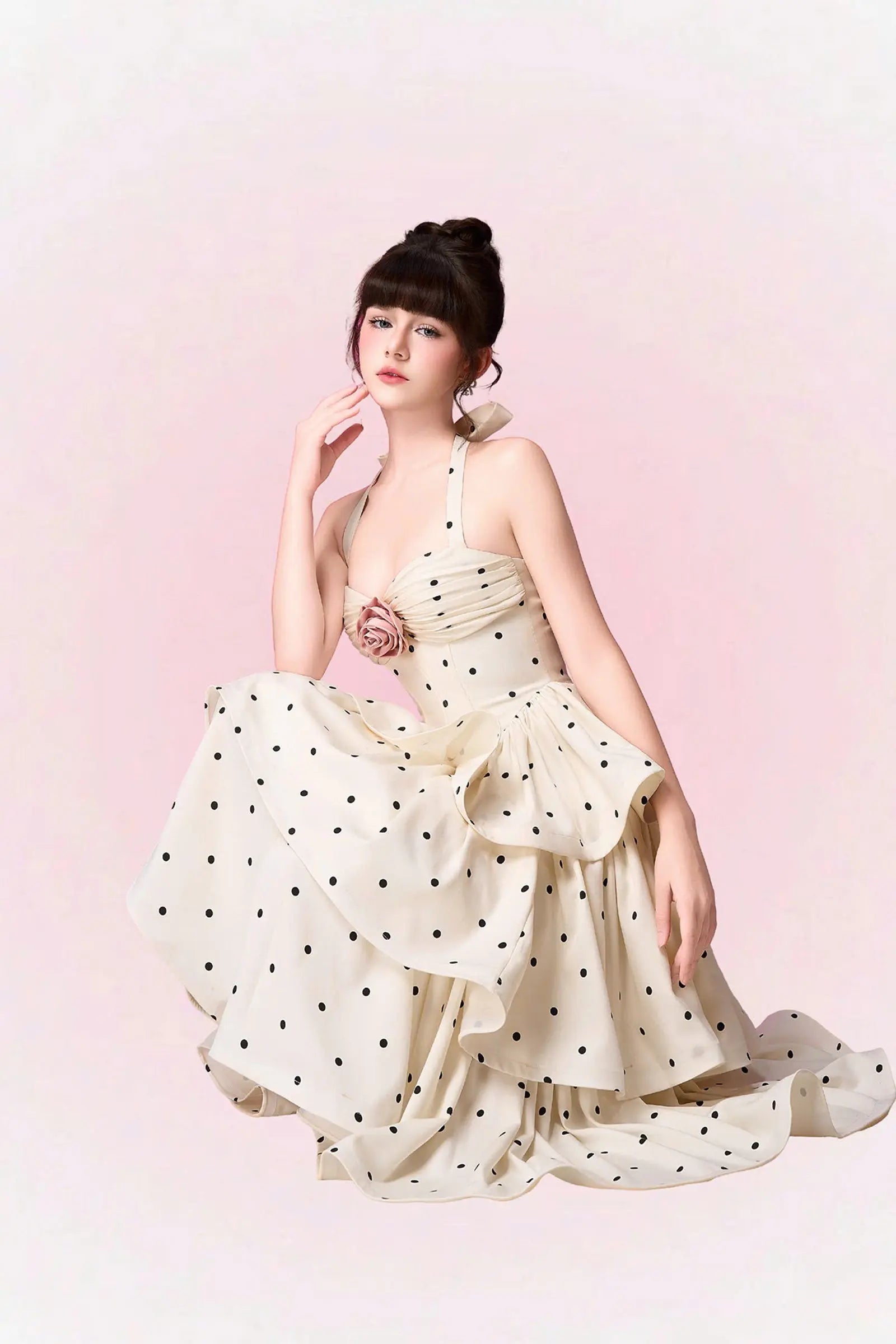 Roberta Polka Dots Applique Halter Layer Midi Dress - Apricot Avalabel