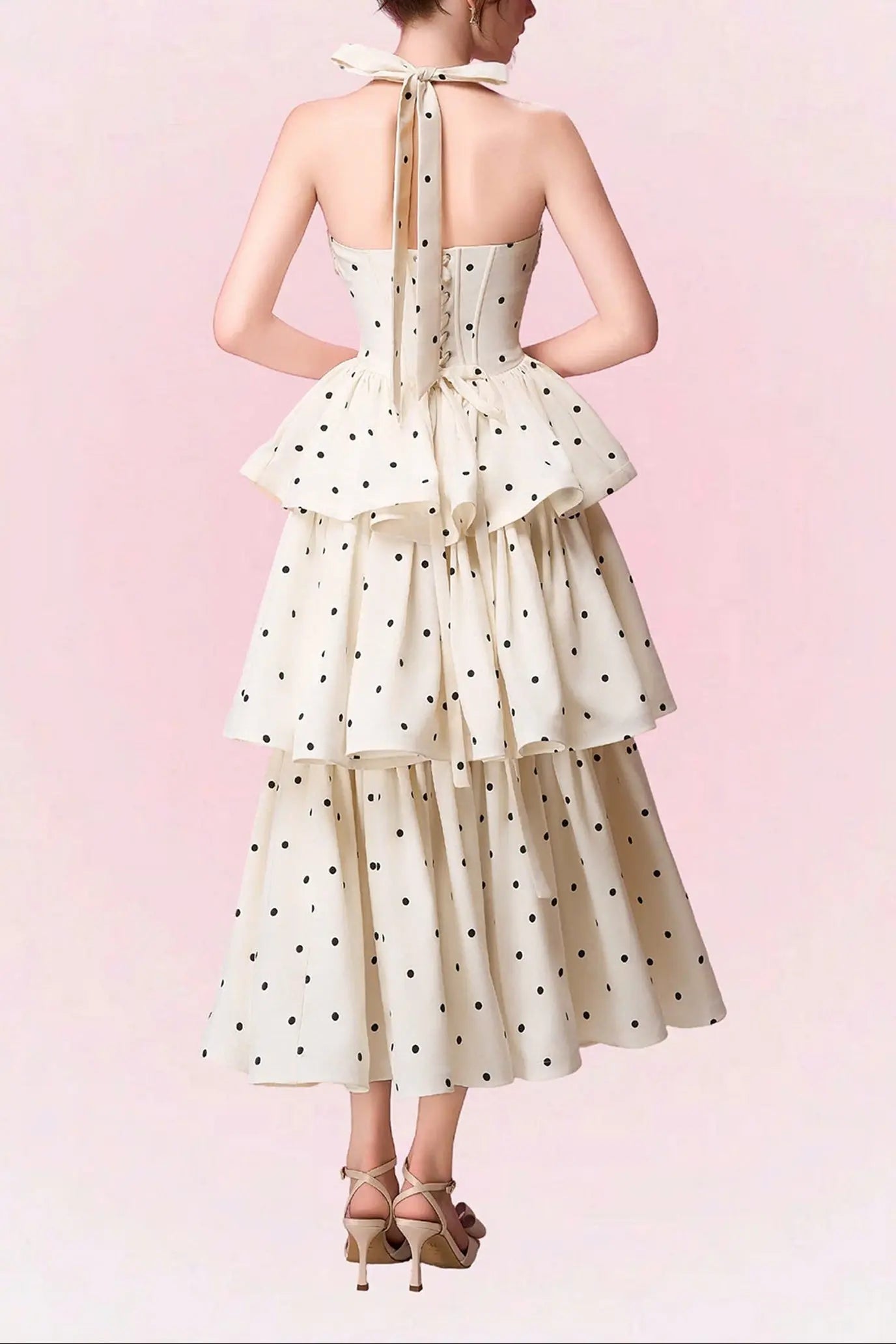 Roberta Polka Dots Applique Halter Layer Midi Dress - Apricot Avalabel