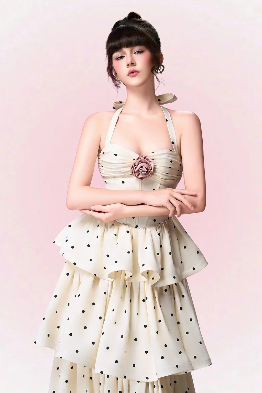 Roberta Polka Dots Applique Halter Layer Midi Dress - Apricot Avalabel
