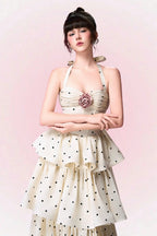 Roberta Polka Dots Applique Halter Layer Midi Dress - Apricot Avalabel