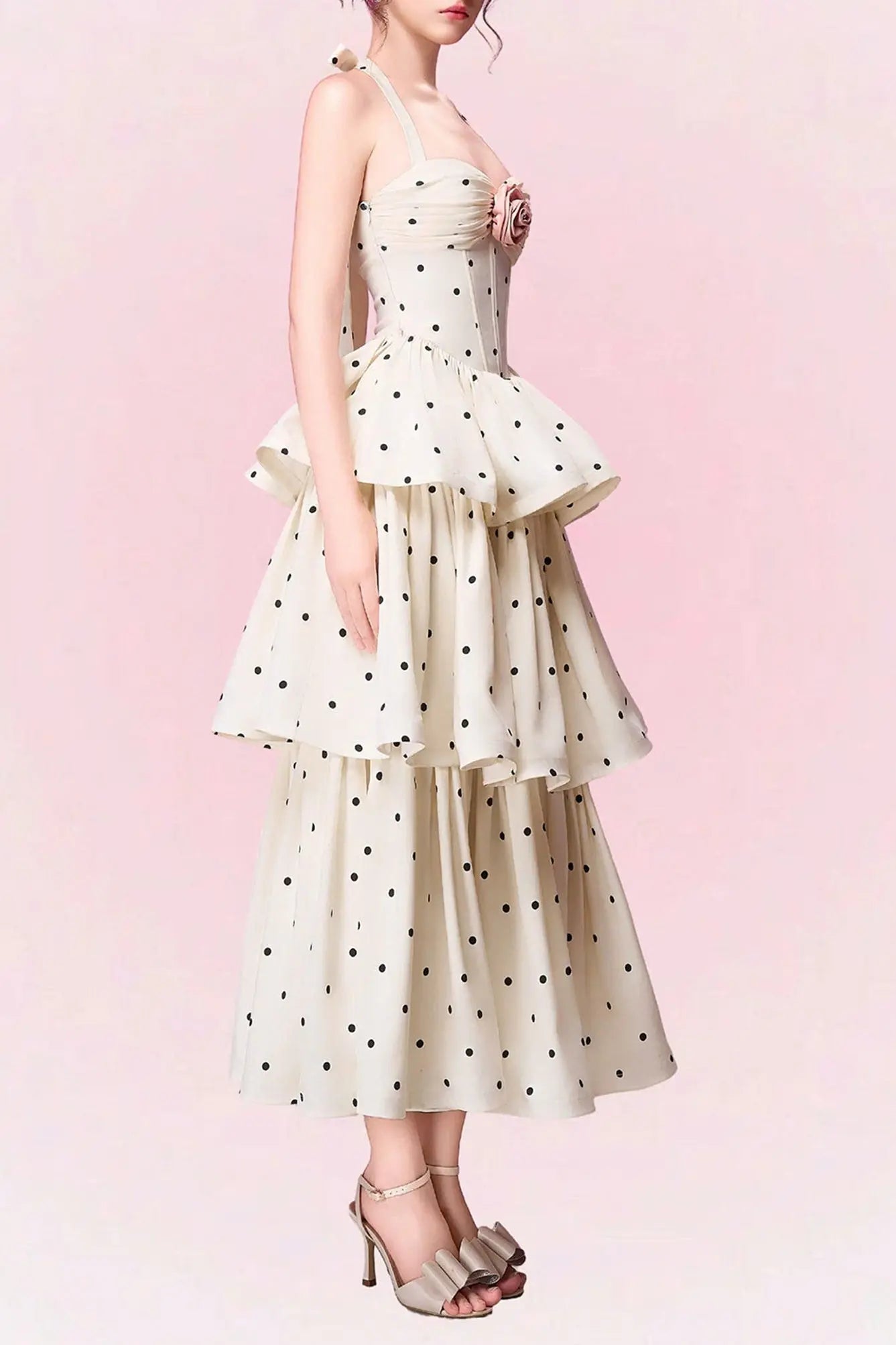 Roberta Polka Dots Applique Halter Layer Midi Dress - Apricot Avalabel
